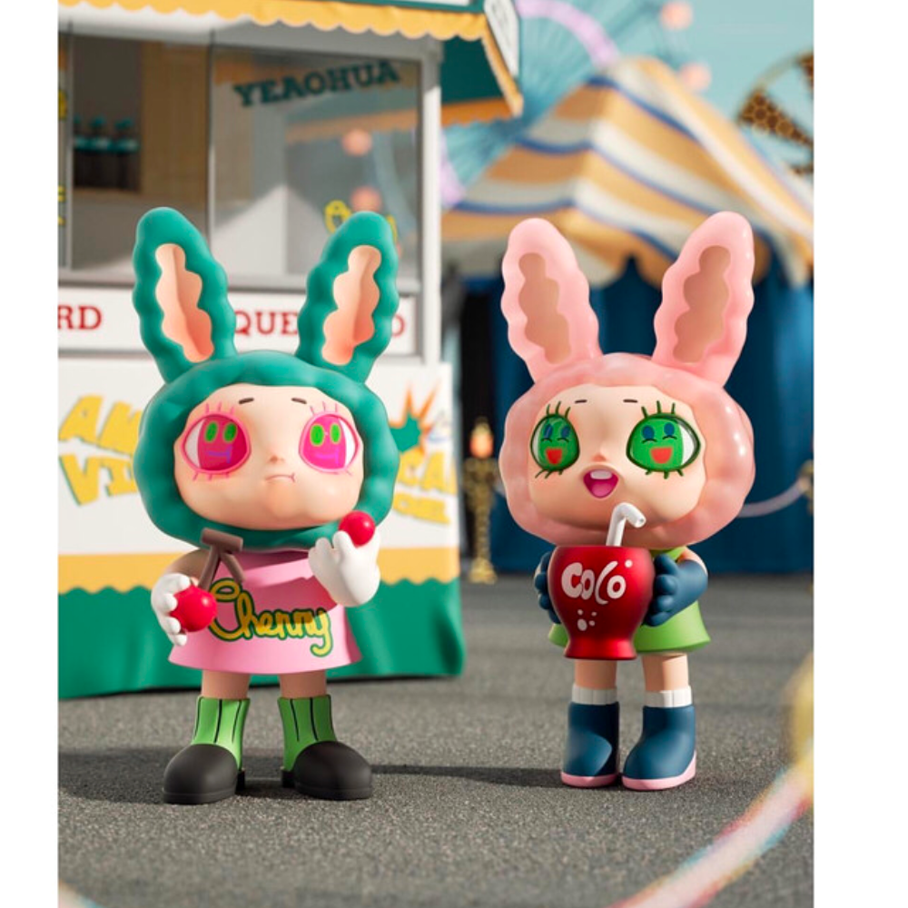 Two Yeaohua - American Vintage Blind Box Finding Unicorn bunny figures standing in front of a food truck.