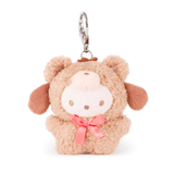 A cute Gund (US) Hello Kitty & Friends Café Latte Blind Box plush keychain, shaped like a brown bear with a pink bow and metal keyring—perfect for fans of plush keychains or Hello Kitty collectors.