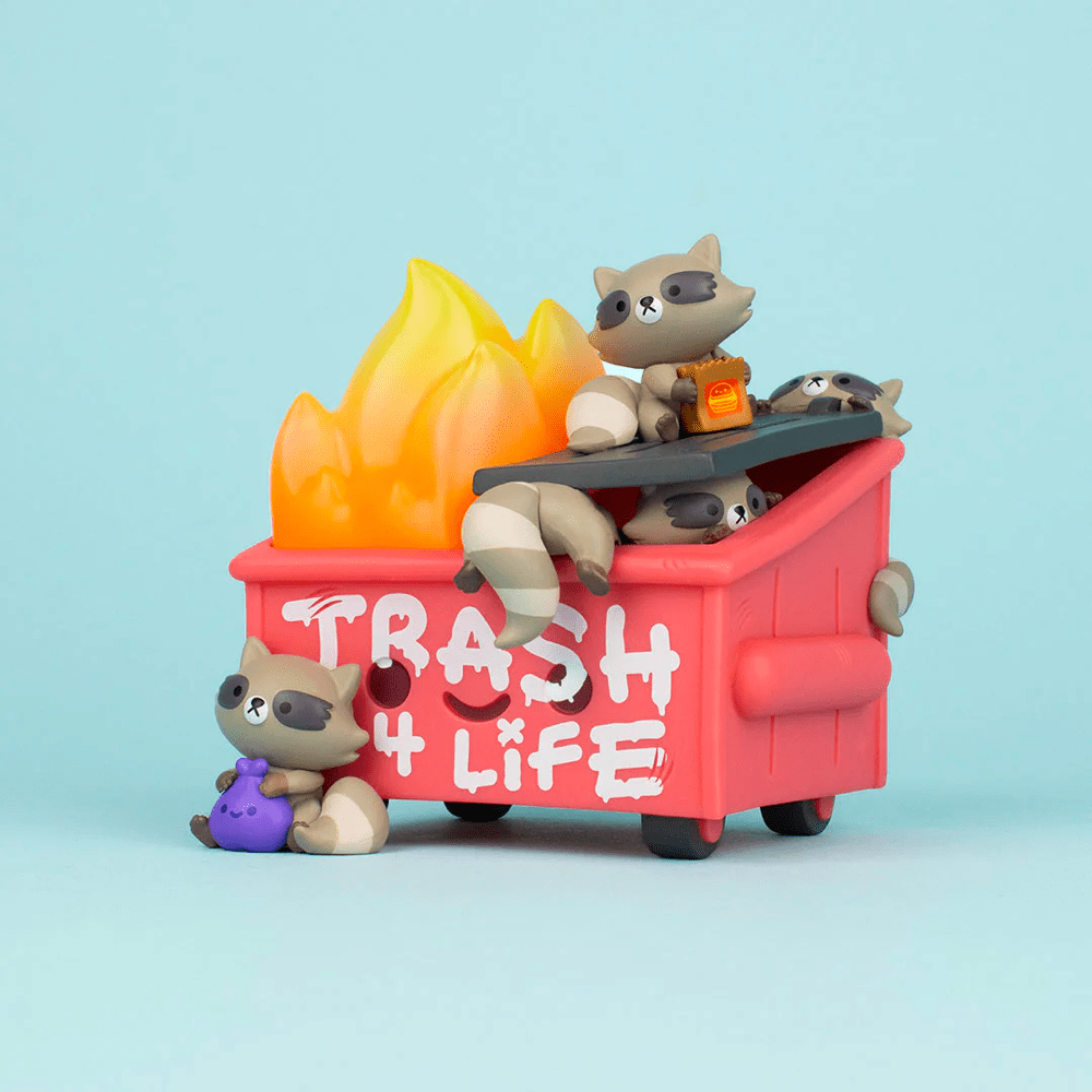 Toy pandas playing in and around a miniature Dumpster Fire - Trash Panda Vinyl Figure dumpster marked 
