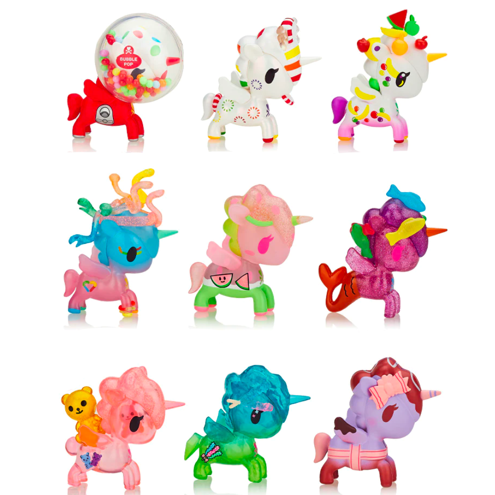 A delightful collection of nine small, colorful unicorn figurines from the tokidoki (IT) Tokidoki Candy Unicorno - Blind Box Series, each boasting unique designs like candy-themed, fruit-themed, and toy-themed decorations. Discover the charm of these Tokidoki Candy Unicorno figures that bring a touch of whimsy to any space.