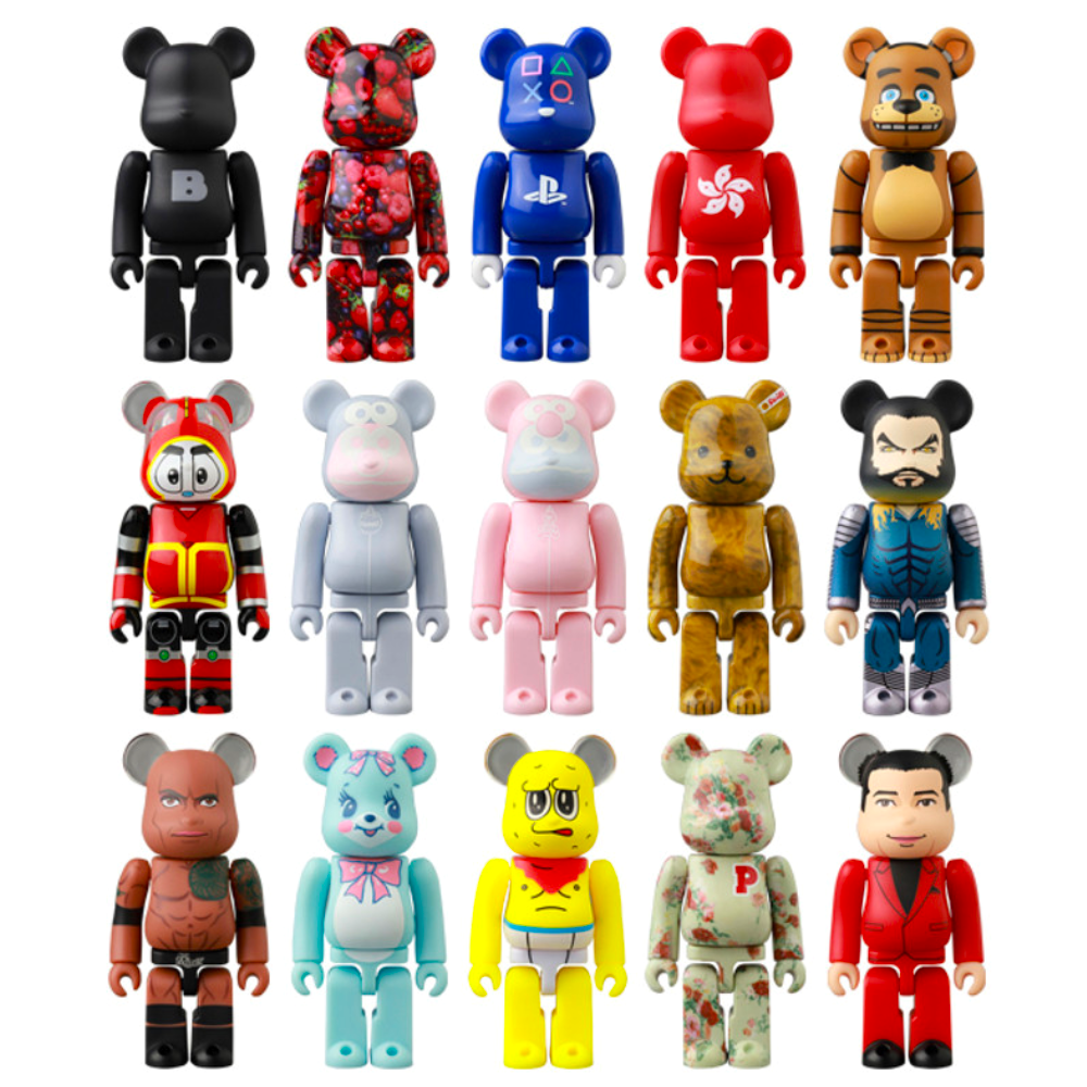 The Be@rbrick Series 48 Blind Box collection by Medicom (JP) features 16 colorful, bear-shaped figurines, each showcasing unique designs. Arranged in a 4x4 grid against a white background, they perfectly capture the excitement of uncovering surprises in blind box collectibles.