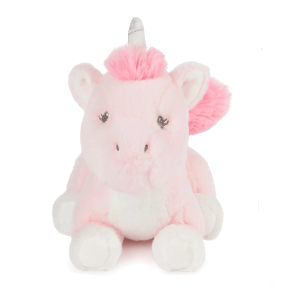 The Gund Alora Unicorn Plush by Gund (US) is a soft pink unicorn featuring embroidered details on its white belly and horn, small ears, and a fluffy tail. It sits upright for tactile play.