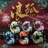 Six colorful Rōko Blind Box fox figurines by Partner Toys, each with a unique design, are curled in circular poses on a dark, ornate surface featuring stylized gold text in the background.