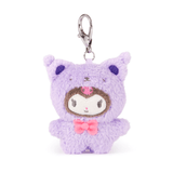 The Hello Kitty & Friends Café Latte Blind Box by Gund (US) features a plush keychain with a character in a purple animal costume, pink bow, and silver clasp—ideal for fans of plush key chains and Hello Kitty collectibles.