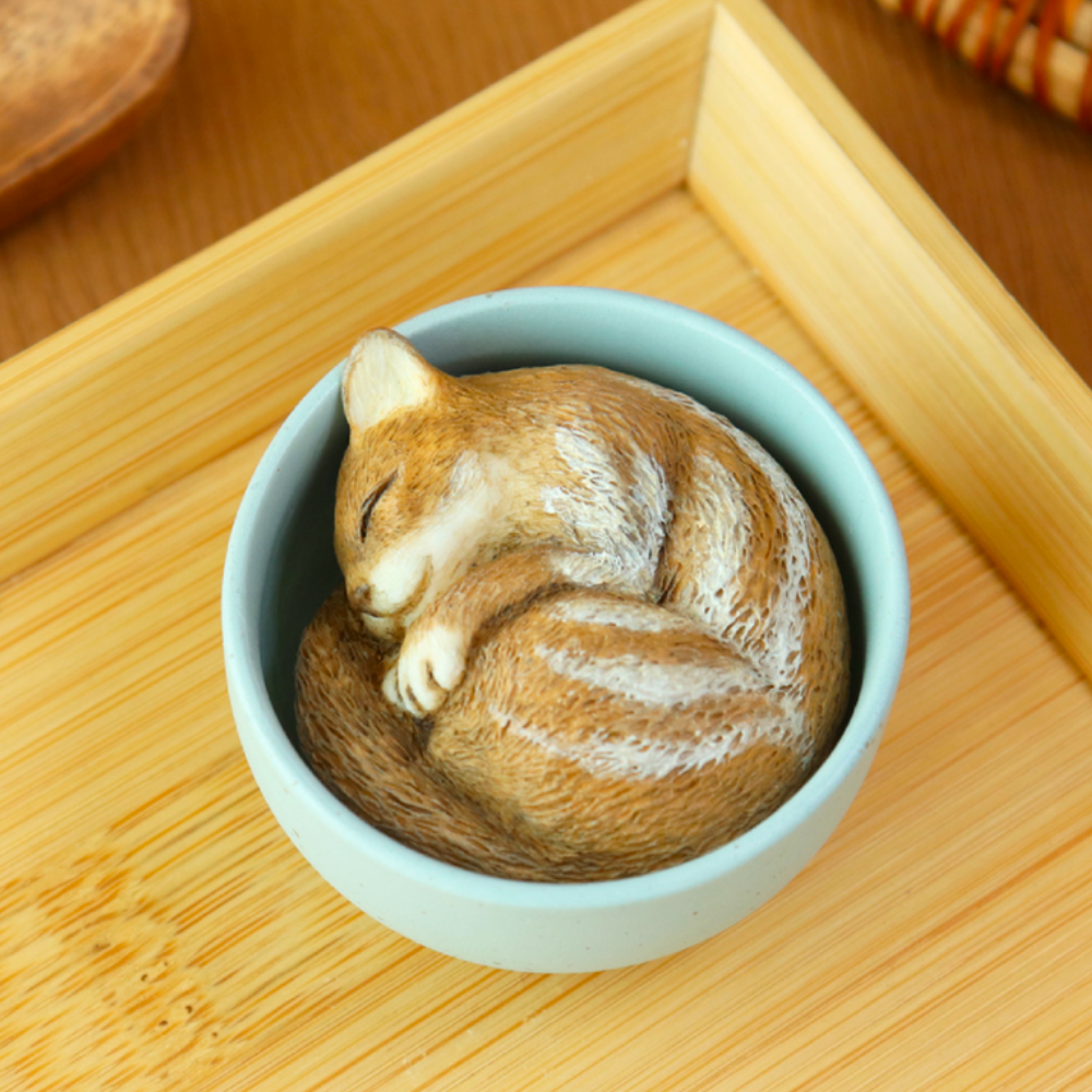 Inside a light blue bowl on a wooden surface lies a realistic, small squirrel sculpture, akin to the surprises from Partner Toys' Teacup Creatures — Cat Blind Box.