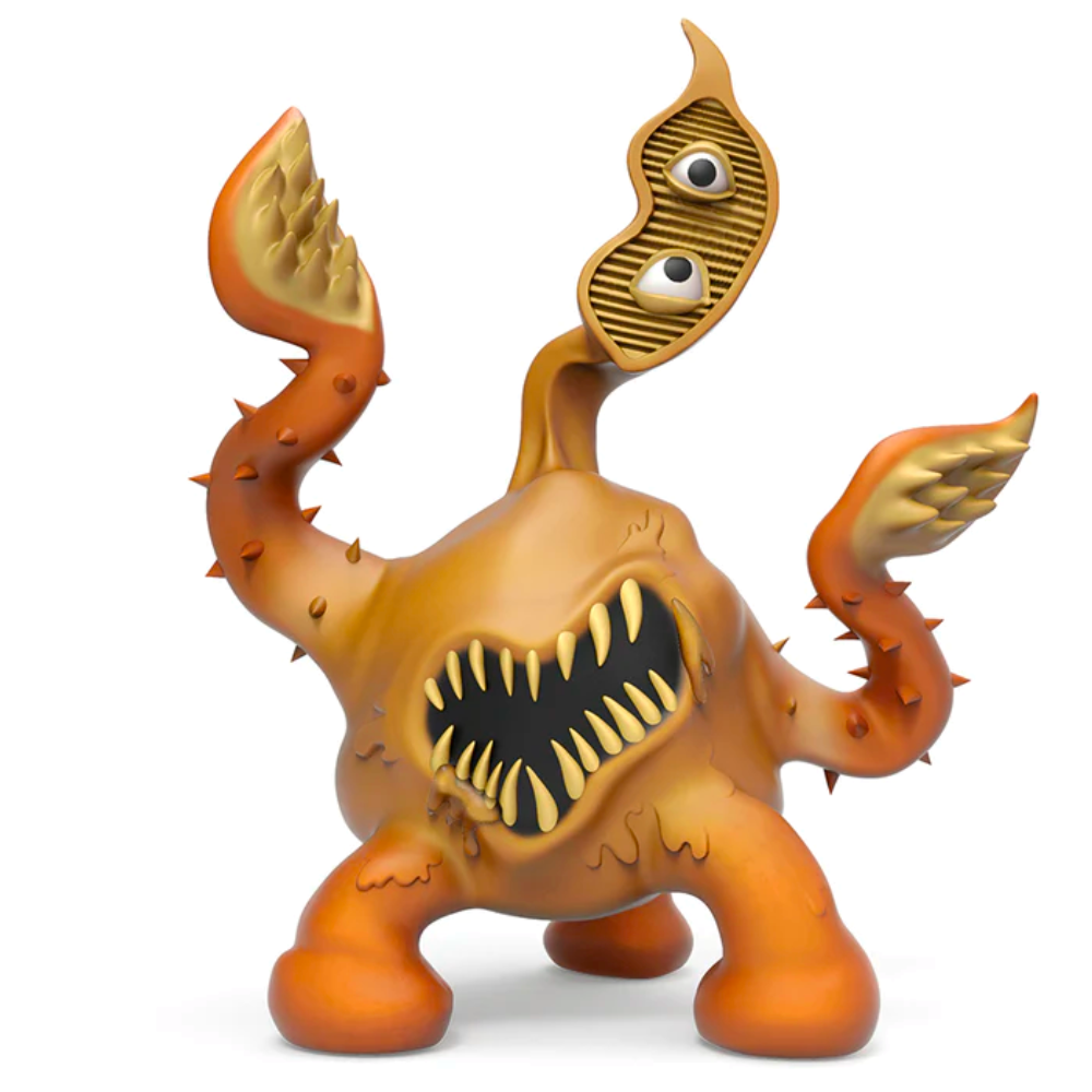 3d illustration of a cartoon monster with an oversized mouth, orange skin, spiky appendages, and two eyes mounted on stalks, designed as a Kidrobot Dungeons & Dragons - Monster Series 2 Blind Box vinyl figure.