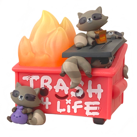 Toy pandas lounging on and around a Dumpster Fire - Trash Panda Vinyl Figure with a flame accessory by 100% Soft.