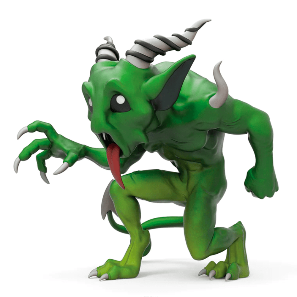 A digital illustration of a Kidrobot (US) Dungeons & Dragons - Monster Series 2 Blind Box inspired green, horned monster with sharp claws and a protruding tongue, standing in a menacing pose on a white background.