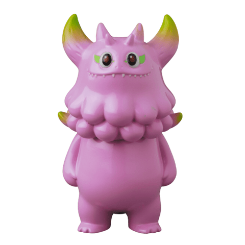 A pink Japanese vinyl toy figure with two yellow-tipped horns, big round eyes, and a fluffy-looking collar around its neck, reminiscent of the collectible Medicom (JP) VAG 36 - Rangeas Jr. gachapon figures.