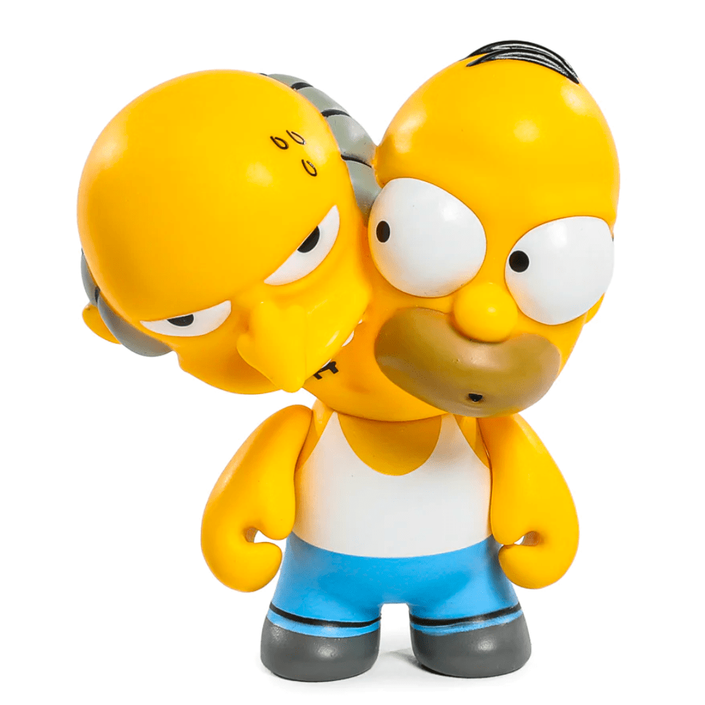 This collectible vinyl from Kidrobot's Simpsons Treehouse of Horrors Series 2 Blind Box showcases two yellow heads: a bald man with a beak-like nose and a worried man with short hair, clad in a white shirt and blue pants, making it an exciting find for fans.