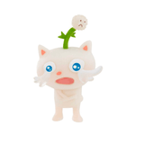A white Chen Wei Ting Blind Box toy cat with blue eyes and a flower on its head, reminiscent of childhood dreams by Partner Toys (TW).