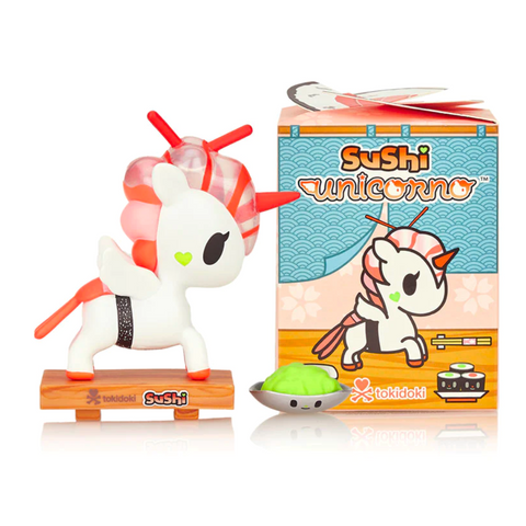 A Tokidoki Sushi Unicorno Blind Box toy is standing next to a box.
