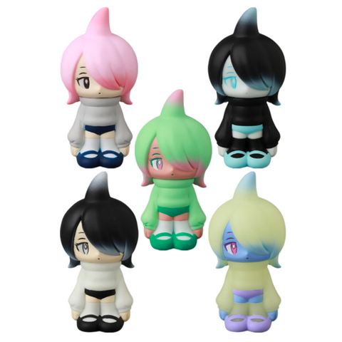 Five VAG 43 — Kae Chan V3 figures by Medicom (JP) with shark fin hairstyles and distinct pastel or dark palettes stand against a white background, highlighting the playful appeal of Japanese vinyl toy design.