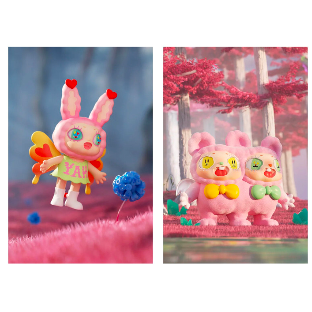 Two pictures of a pink bunny and a blue bunny, both with a magical aura from the Yeaohua - Fantasy Plant Blind Box by Finding Unicorn.