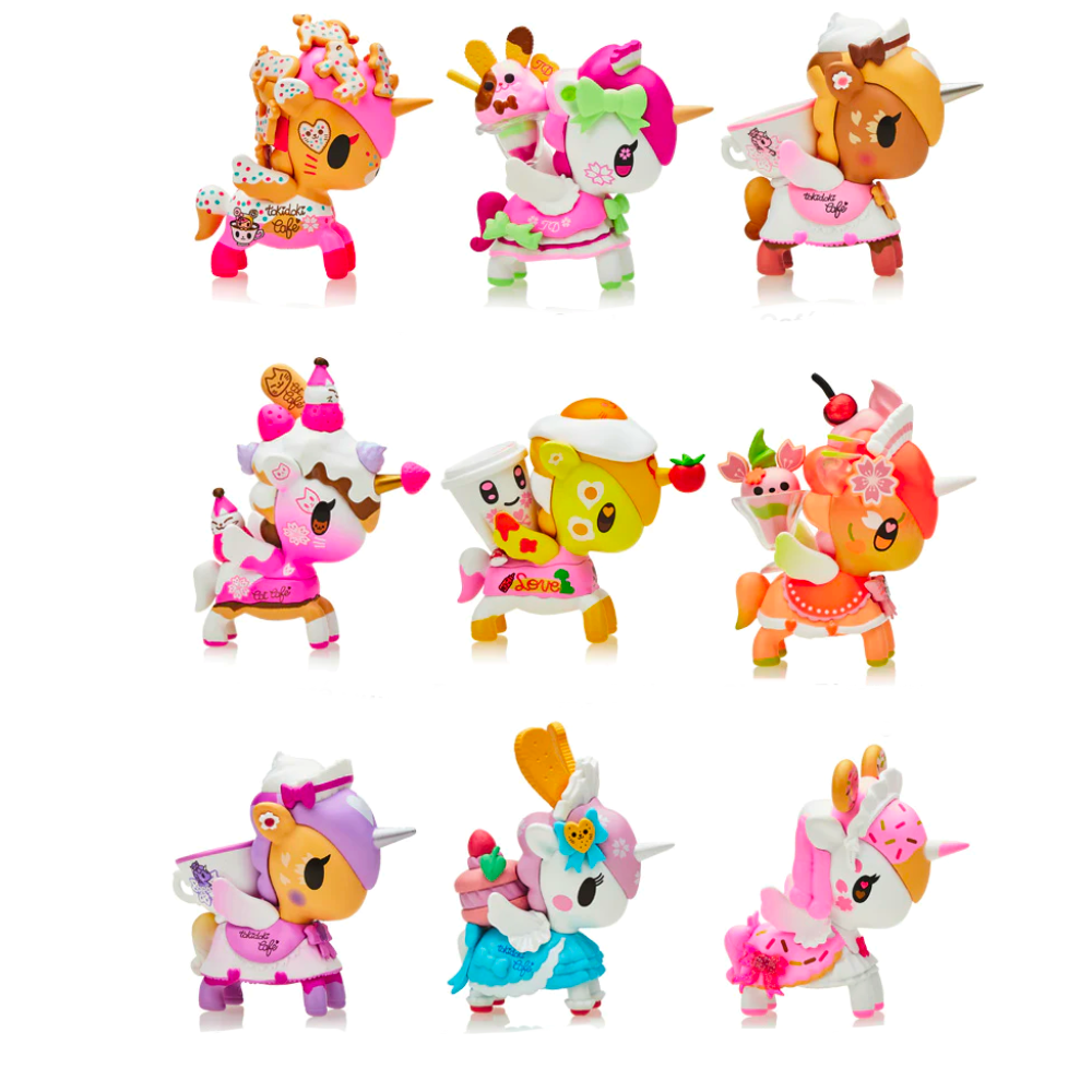 Nine vibrant unicorn figurines from the Tokidoki Cafe Cuties Blind Box collection are decorated with dessert-themed embellishments, including ice cream, donuts, and fruit. Displayed in a grid pattern of three rows with three figures each, these Tokidoki collectibles add a delightful charm to any collection.