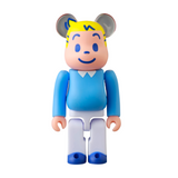 A Medicom (JP) Be@rbrick Series 50 Blind Box figure with blonde hair, a blue shirt, and white pants stands upright against a white background.