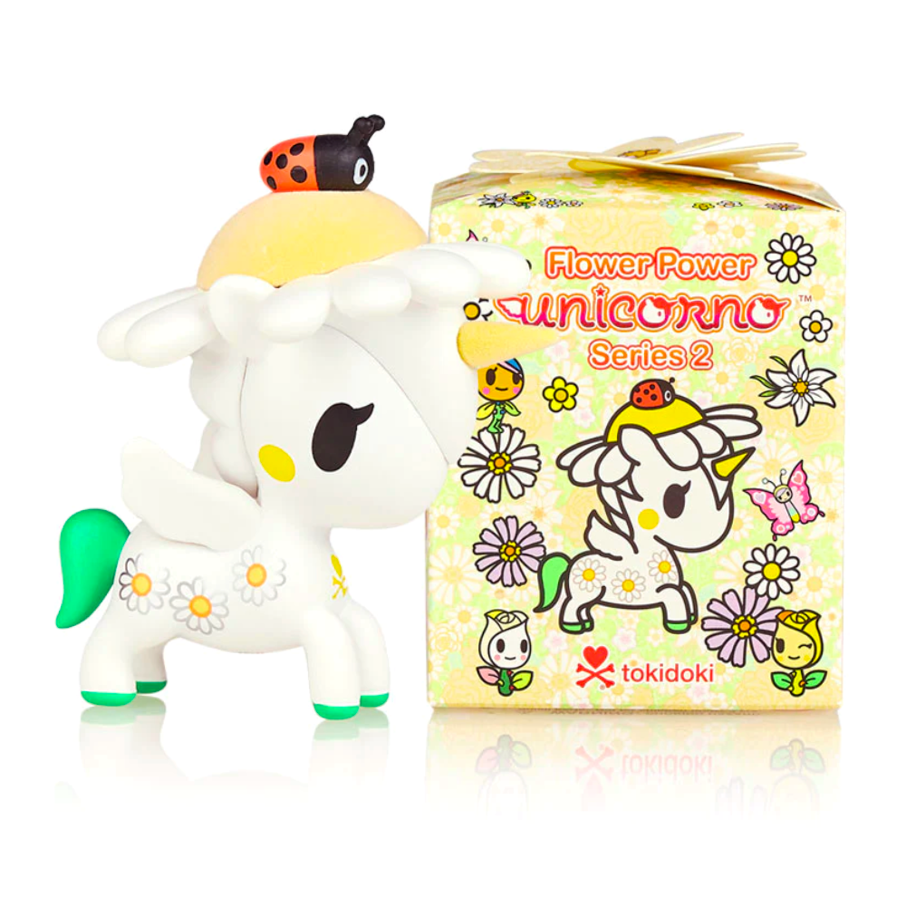 A Tokidoki Flower Power Unicornos Series 2 vinyl collectible toy from the tokidoki collection, with floral decorations, accompanied by its original blind box packaging.