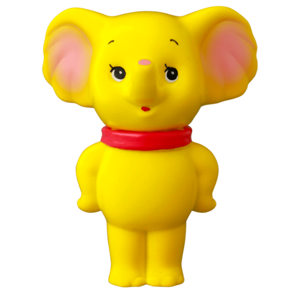 Medicom (JP) VAG 43 — ZOU is a yellow cartoon elephant figurine with pink inner ears, a red collar, and a cheerful smile, inspired by Japanese vinyl toys and the playful Vinyl Artist Gacha gachapon figure style.