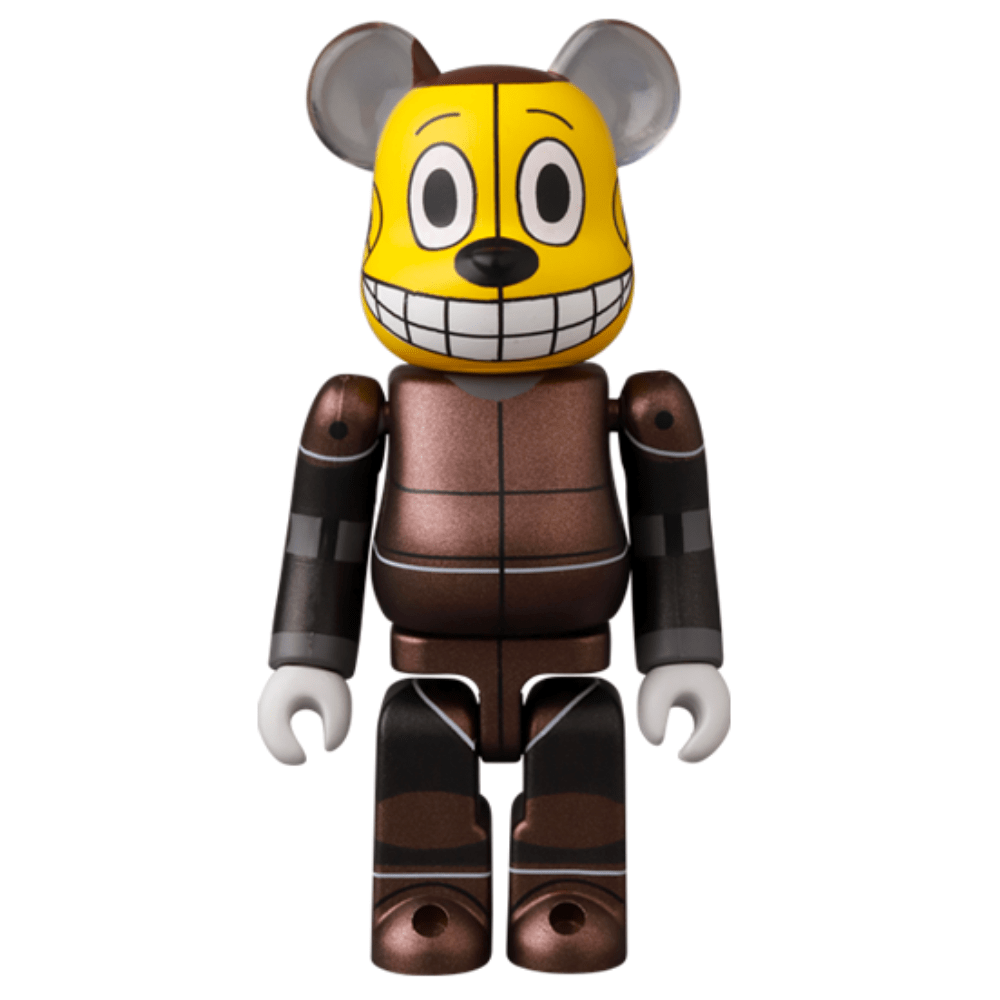 This Medicom Be@rbrick Series 49 Blind Box toy features a shiny bronze finish, yellow face, white gloves, and large ears. A perfect blind box surprise!.