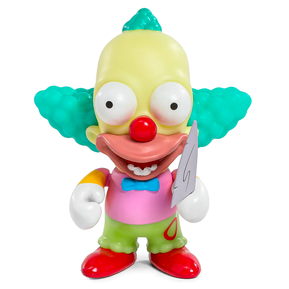 The Kidrobot (US) Simpsons Treehouse of Horrors Series 2 Blind Box features a collectible clown figure with green hair, large eyes, and a red nose. It holds a metallic card and wears a pink shirt, green pants, and red shoes—ideal for fans of surprise figures.