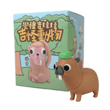 A small Godgwawa — Weird Animals Blind Box capybara toy from Partner Toys, wearing a green hat, stands before its colorful cartoon packaging with Chinese text—a quirky collectible inspired by one of nature’s oddest animals.