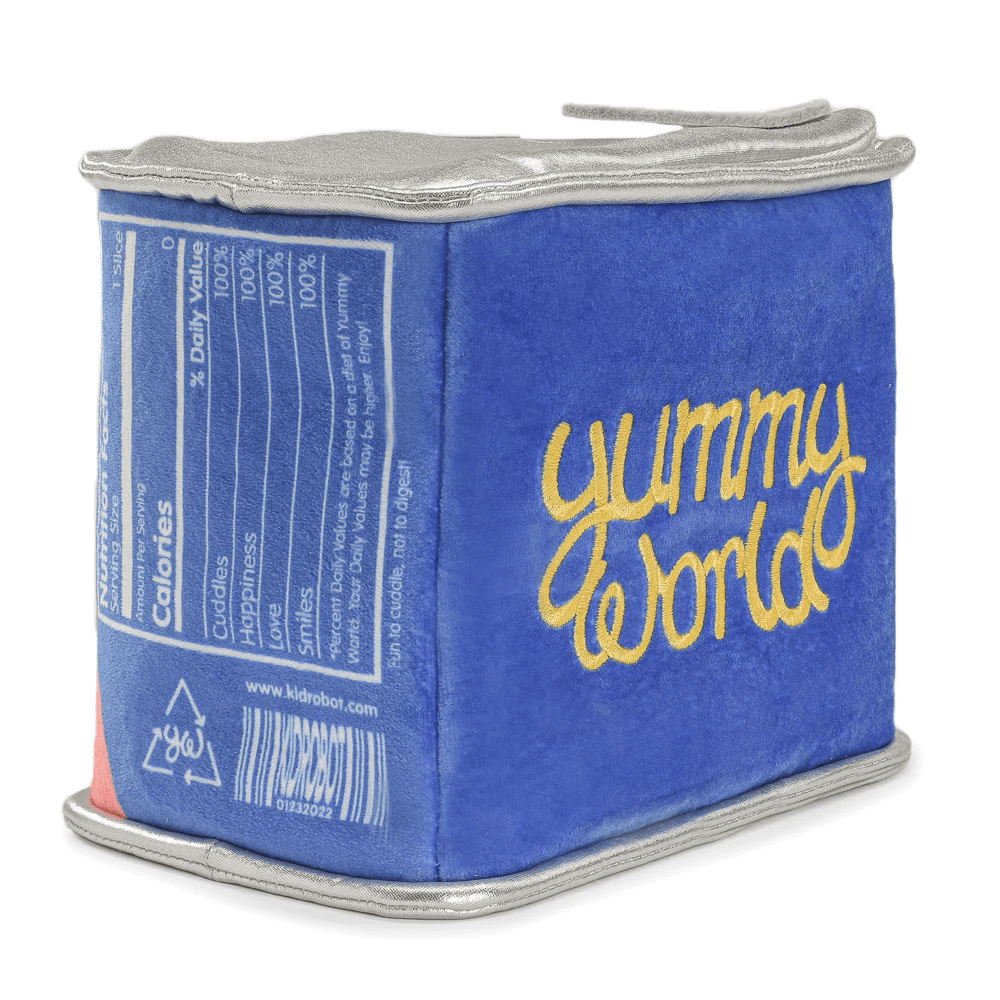The Kidrobot (US) Pam the Ham Can — Yummy World Plush is a soft blue collectible toy with silver edges, a nutrition label, and yellow 