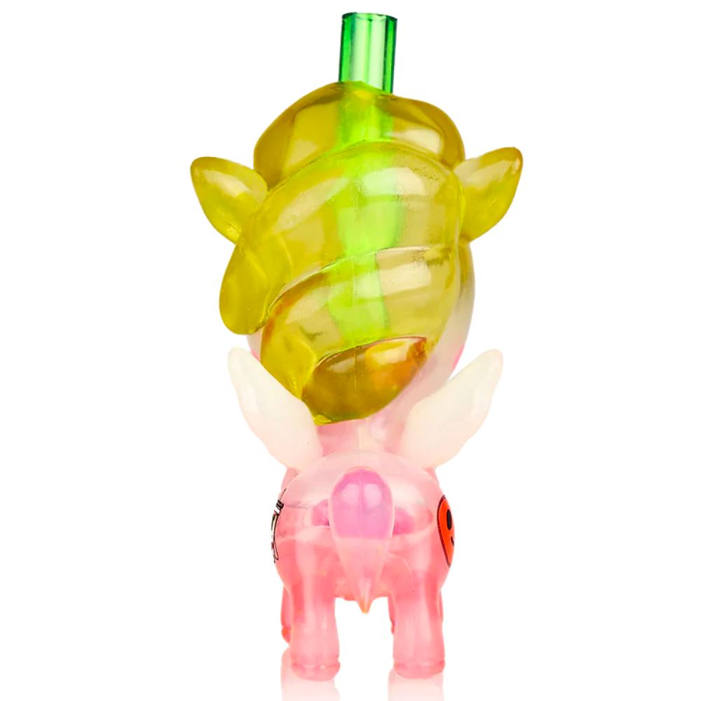 Translucent Tokidoki designer toy with a Strawberry Matcha Unicorno body and pink deer-like legs on a white background.