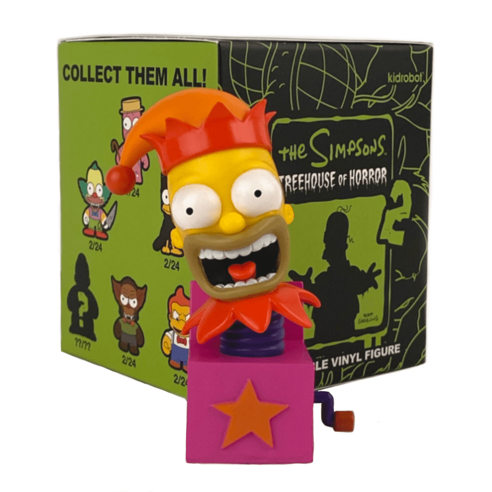 Explore the Kidrobot (US) Simpsons Treehouse of Horrors Series 2 Blind Box, featuring a jester-costumed character in themed packaging. Ideal for fans and collectors looking for unique spooky figures.