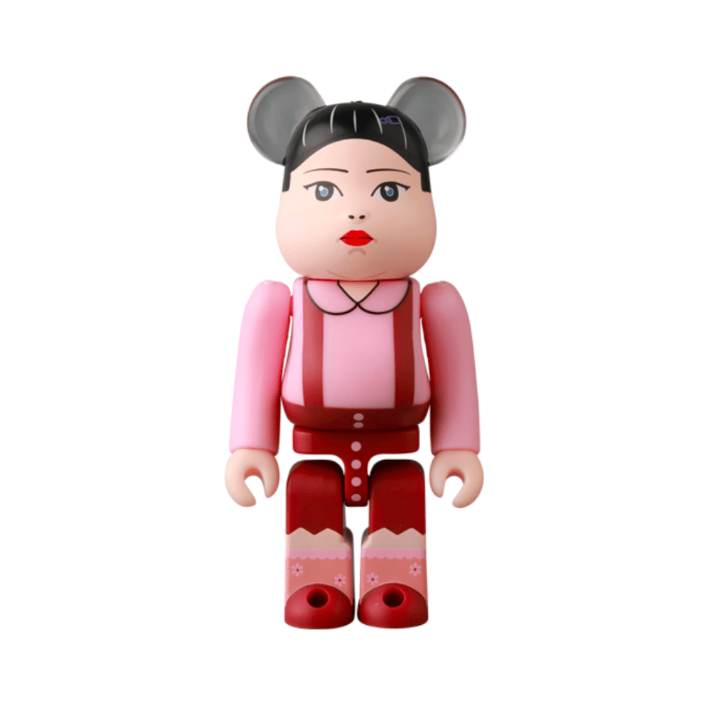 A Medicom (JP) Be@rbrick Series 50 Blind Box toy with mouse ears, straight black hair, red lips, and a pink-red skirted outfit stands against a white background—ideal for Bearbricks collectors or blind box fans.