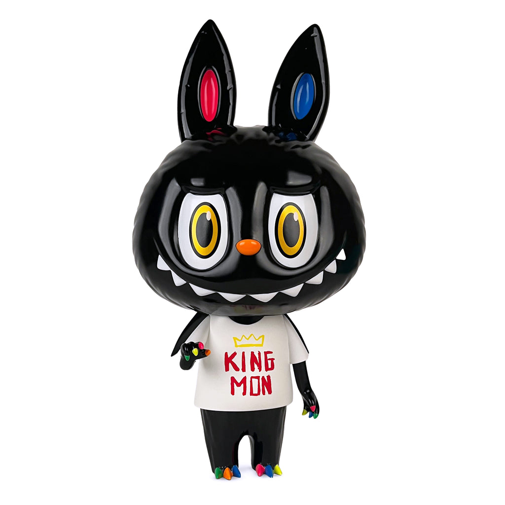 A black cartoonish rabbit figure from How2Work (HK) features multicolored ears and feet, and wears a white shirt with 