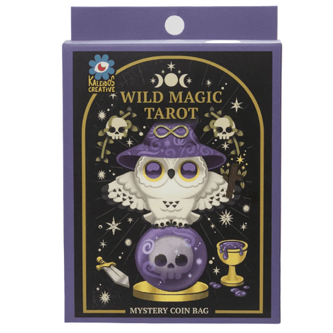 The Wild Magic Tarot Mystery Coin Bag - Blind Box by Kaleidos Creative features an illustrated owl in a purple wizard hat with magical items and "Mystery Coin Bag" text—a stylish tarot-themed coin purse for fortune seekers.