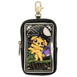 The Kaleidos Creative Wild Magic Tarot Mystery Coin Bag-Blind Box is a stylish black zippered pouch with a key clip, featuring an illustrated tarot-style dog labeled 