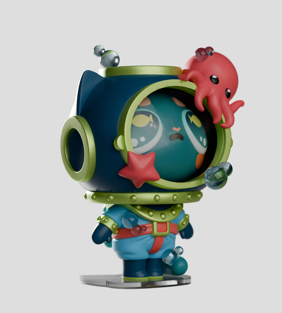 The Widdle Baby Blind Box by Kaleidos Creative features a rare, stylized cat figurine in a green and blue diving suit with an octopus helmet, standing on a clear base—each box contains a unique design perfect for collectors.