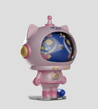 Discover the Widdle Baby Blind Box by Kaleidos Creative—a rare pink cat-shaped astronaut with a clear helmet, blue face featuring stars and planets, standing on a transparent base from this random design collection.