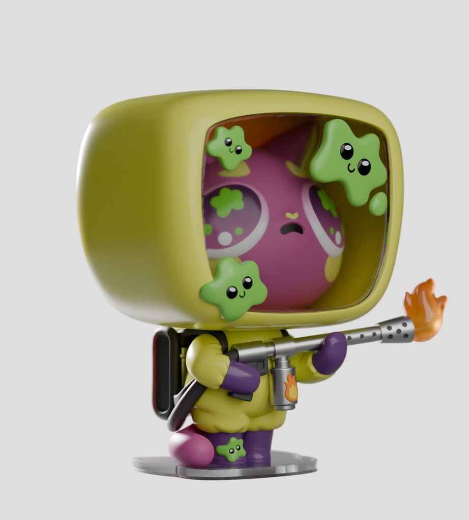 The Kaleidos Creative Widdle Baby Blind Box features a rare figure in a yellow hazmat suit with green germs, kneeling and holding a flamethrower—each with unique designs from the surprise collectible series.