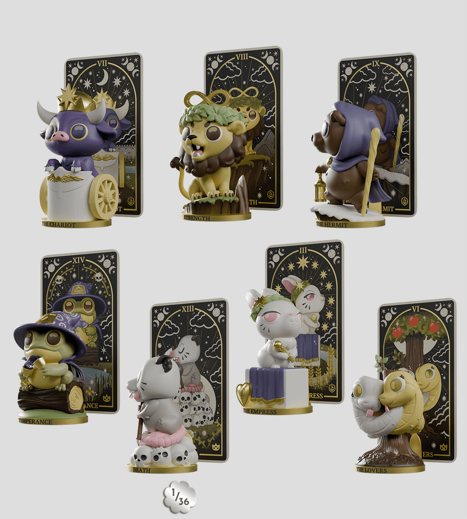 Seven animal figurines from the Kaleidos Creative Wild Magic Tarot Vol. 2 Blind Box, each in costume inspired by Major Arcana and paired with a matching tarot card backdrop, are displayed in two rows against a plain background.