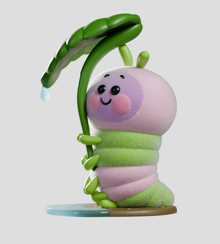 A cheerful, cartoon-style Wooly Bear caterpillar holds a leaf above its head, featured in the Kaleidos Creative Wooly Bear and Friends Vinyl Blind Box—an adorable collectible for any caterpillar fan.