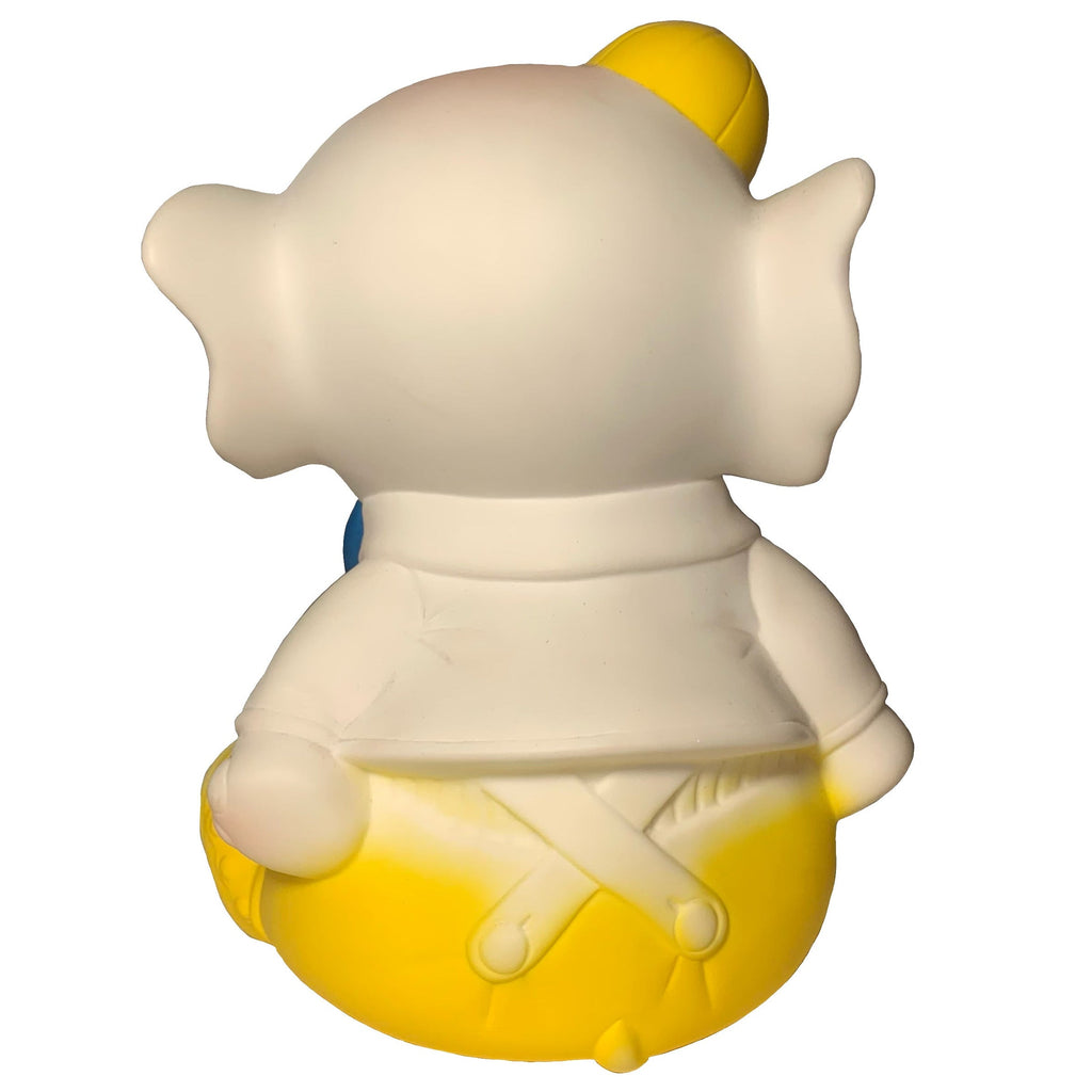 The Yellow Bowtie Baby Elephant by Bitter Squeaks (US) is a vinyl figure featuring a baby elephant with white ears, yellow hat, yellow pants, and a bowtie, shown from the back against a white background.