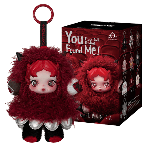 The Pop Mart You Found Me Skullpanda - Plush Figure Blind Box features a red and black plush doll pendant with a round red face, keyring, and curly hair, displayed next to its packaging box which showcases the same Skullpanda design along with others from the series on a theatrical red backdrop—making it an adorable accessory for your bag or collectible display.