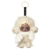 The You Found Me Skullpanda Plush Figure Blind Box by Pop Mart features an adorable keychain plush with a doll dressed in a fluffy white lamb costume, rounded face, big green eyes, and cream-colored curly hair accents—making it one of the most charming plush bag charms to add to your collection.