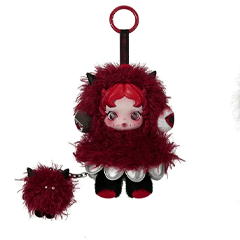 The Pop Mart You Found Me Skullpanda Plush Figure Blind Box features a plush doll with red hair and a fluffy red costume, black shoes, and a matching small fluffy accessory attached to a chain—perfect as an adorable dolly accessory or plush bag charm. The figure is displayed against a white background.