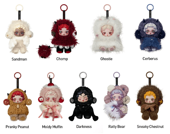 Eight You Found Me Skullpanda plush figure keychains by Pop Mart, each with a doll face and charming animal-inspired outfit, are displayed in two rows—an adorable addition to any collection. Every plush bag charm stands out with its unique name: Sandman, Chomp, Ghostie, Cerberus, Pranky Peanut, Moldy Muffin, Darkness, Ratty Bear, and Sneaky Chestnut—making these Pop Mart You Found Me Skullpanda plush blind box items the perfect choice for fans and collectors alike.