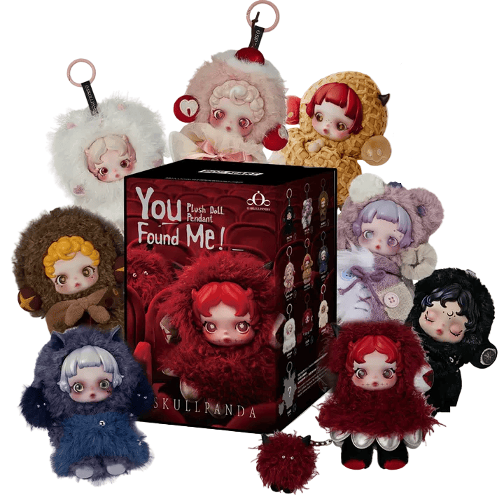Eight plush figures with large eyes and fluffy costumes are arranged around a black “You Found Me Skullpanda - Plush Figure Blind Box” by Pop Mart in the center. These adorable Skullpanda plush bag charms come in a range of colors—including red, white, blue, brown, and black—making each one a delightful accessory to liven up any collection.