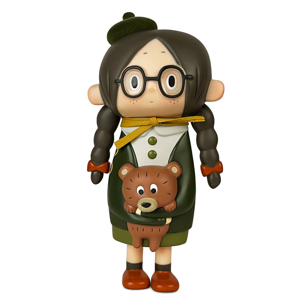 A Luna – Original Green figurine by How2Work (HK) features a character with braids, glasses, a hat, and holding a small bear.