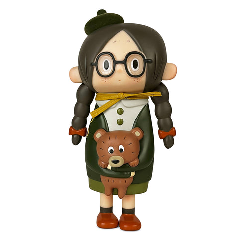 A Luna – Original Green figurine by How2Work (HK) features a character with braids, glasses, a hat, and holding a small bear.