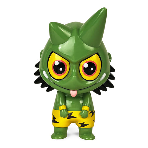 The Oniko — Green by How2Work (HK) is a green cartoonish figure with large eyes, two horn-like protrusions, and a spiky back. It features a mischievous expression and wears yellow shorts with black zigzag patterns.