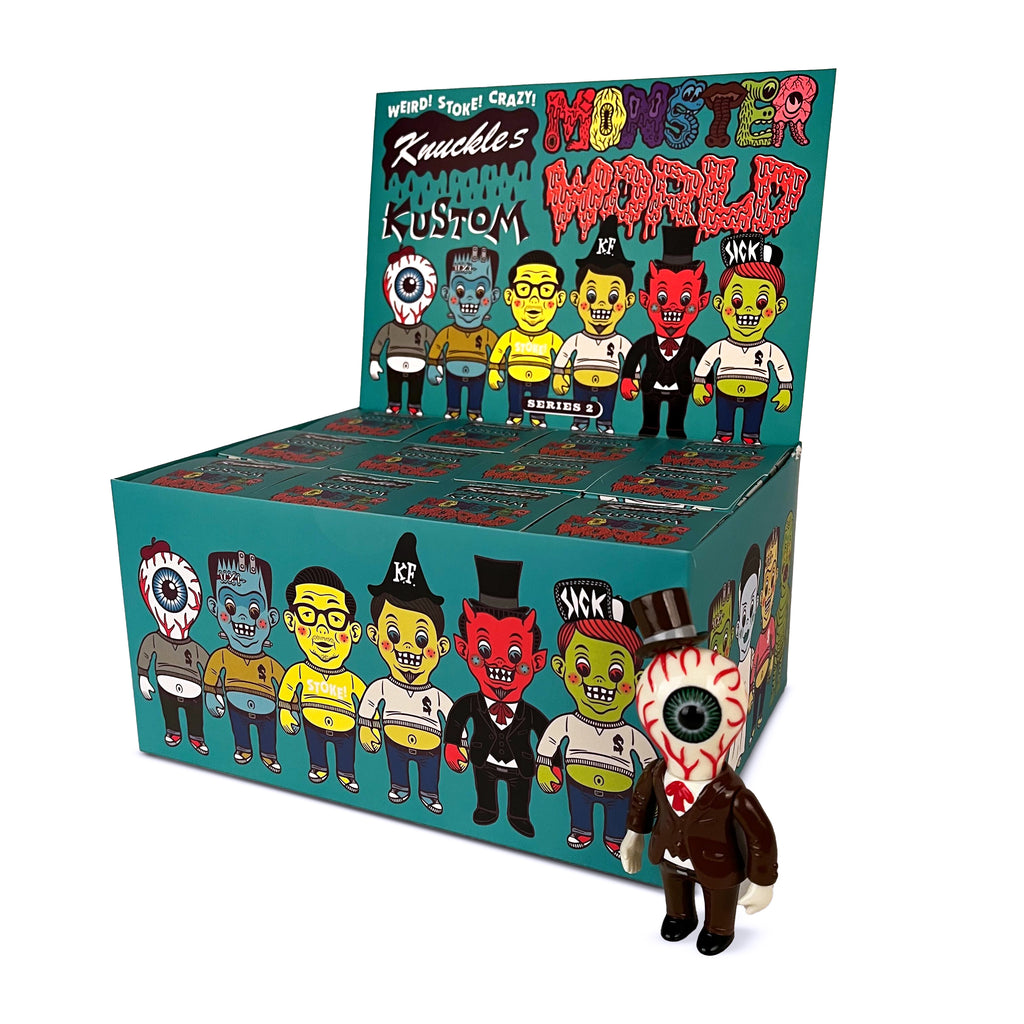 The Knuckle’s Kustom Monster World — Series 2 Blind Box by How2Work (HK) showcases various monster characters, with one eyeball-bodied figure displayed in front of the box.