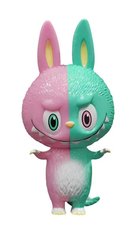 The Mini Zimomo- Endless by Rotofugi is a pocket-sized figure of Kasing Lung's bunny, split evenly into pink and green halves with matching eyes, standing upright with arms slightly raised.