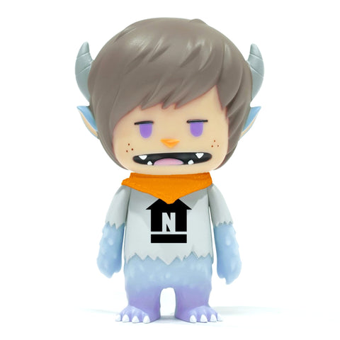 The Nick — Light Blue & Lavender vinyl toy figure from The Little Hut (HK) sports horns, short hair, and a stylish outfit with an "N" on the shirt. It has purple feet and a slightly open mouth.