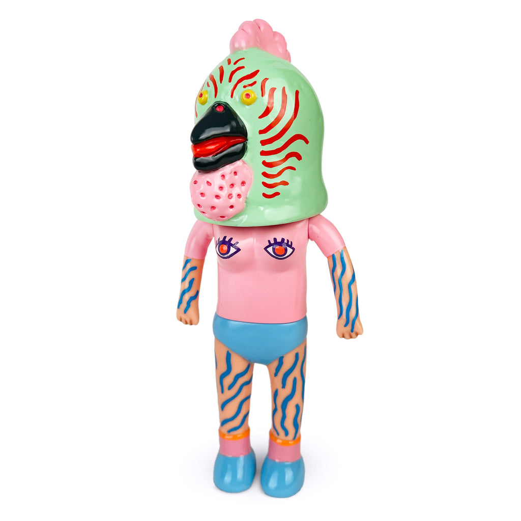 The Usami Piyon — S2V3 - Chicken by Paradise Toy (TW) features a vibrant design with a parrot-like mask, pink upper body, blue shorts and shoes, and striped arms and legs.